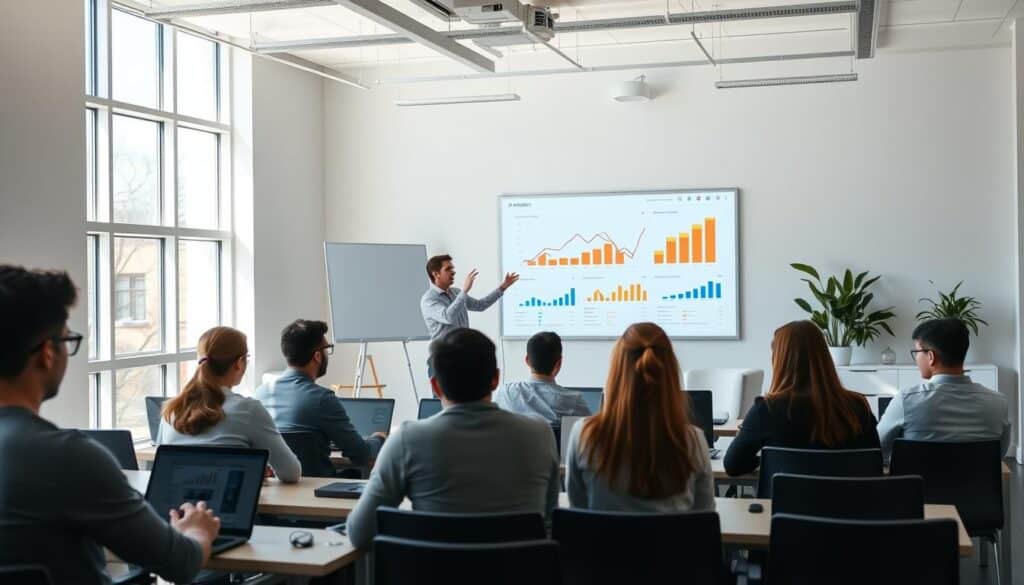 A bright, modern classroom with large windows, natural light streaming in. In the foreground, a group of young professionals intently focused on their laptops, deeply engaged in a Google Analytics training session. In the middle ground, a knowledgeable instructor gestures to a large, interactive whiteboard displaying colorful charts and data visualizations. The background features sleek, minimalist furniture and decor, creating a clean, professional atmosphere. The overall mood is one of productivity, learning, and excitement about the future of digital marketing analytics.
