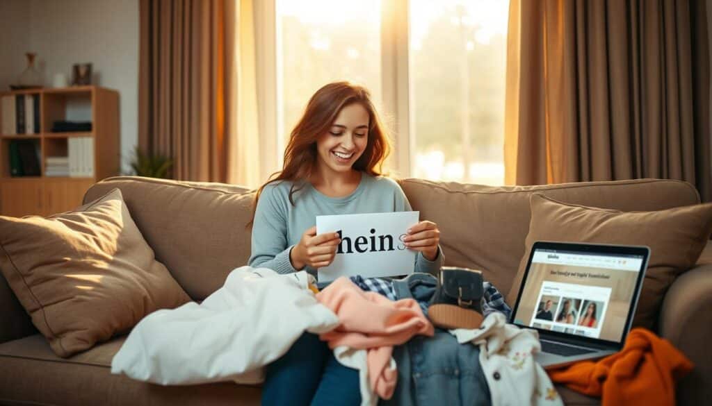 A bustling living room, bathed in warm, golden light from a large window. On the couch, a young woman sits, excitedly unpacking a Shein order, surrounded by neatly folded garments and accessories. Her expression is one of delight and anticipation, as she examines each item with care. In the background, a laptop displays the Shein website, signifying the online shopping experience. The atmosphere is cozy and inviting, reflecting the joy of discovering new fashion finds through the brand's free trial program.