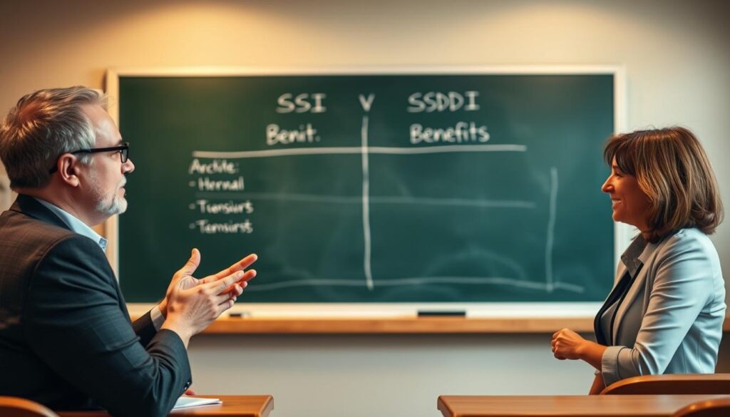 A classroom scene with a chalkboard in the background, displaying a comparison of SSI and SSDI benefits. In the foreground, two professionals, a man and a woman, engaged in a lively discussion, gesturing towards the chalkboard. The lighting is warm and inviting, creating a sense of intellectual discourse. The scene is captured from a mid-level angle, allowing the viewer to engage with the subject matter. The overall mood is one of educational clarity, with the experts conveying a balanced understanding of the nuances between these two government assistance programs.