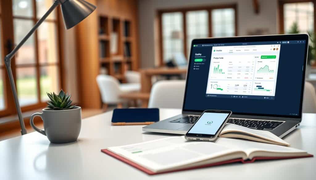 A clean, minimalist home office setup with a laptop, smartphone, and an open notebook showcasing financial apps and budgeting software. The foreground features a sleek, modern desk with a stylish lamp, a succulent plant, and a cup of coffee. The middle ground displays the open laptop screen with a personal finance dashboard, alongside a smartphone displaying a budgeting app. The background blurs into a warm, inviting home interior with wooden accents and natural light filtering through large windows. The overall atmosphere conveys a sense of organization, productivity, and control over personal finances.
