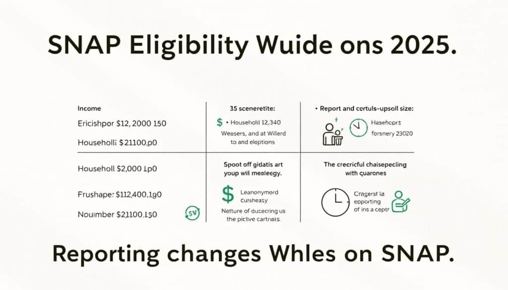 A clean, minimalist infographic depicting the SNAP eligibility guidelines for 2025. Set against a subtly textured off-white background, the key details are presented in a crisp, easy-to-read layout. Precise icons and data visualizations highlight the income limits, household size requirements, and other crucial criteria for qualifying for SNAP benefits. Warm, natural lighting casts a soft glow, creating a sense of authority and trustworthiness. The overall aesthetic is elegant yet informative, designed to seamlessly integrate into the "Reporting Changes While on SNAP" section of the article.