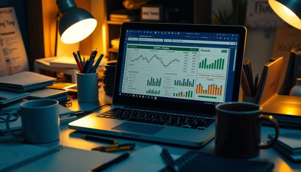 A cluttered desk with a laptop, coffee mug, and various office supplies. The laptop screen displays an Excel spreadsheet with charts, graphs, and data visualizations depicting supply chain inventory levels, stock fluctuations, and demand trends. Ambient lighting casts a warm glow, creating a cozy, focused atmosphere. The scene conveys the analytical and organizational aspects of using Excel for supply chain management, hinting at the insights and decision-making enabled by this powerful tool.