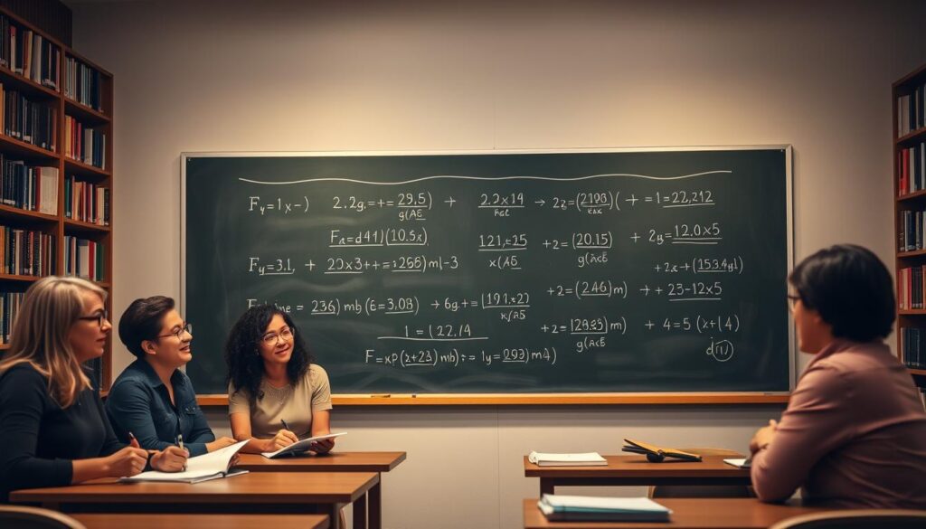 A cozy and inviting classroom setting, with a large chalkboard taking up the central foreground. On the chalkboard, simple accounting equations and formulas are neatly written, demonstrating the fundamentals of bookkeeping. In the middle ground, a group of diverse adult students, some taking notes, others engaged in discussion, their faces expressing interest and concentration. The background features bookshelves lining the walls, filled with accounting and finance texts, creating an atmosphere of learning and professional development. Soft, warm lighting illuminates the scene, conveying a welcoming and educational atmosphere for those seeking to expand their financial skills.