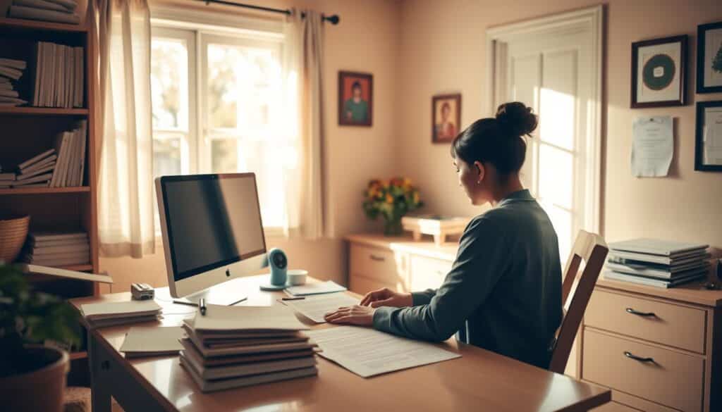 A cozy home office with a desk, computer, and documents neatly arranged. Natural light streams in through a window, illuminating the space. A person sits at the desk, carefully filling out paperwork labeled "Section 8 Application". Soft, warm tones create a welcoming atmosphere, conveying the sense of a straightforward, well-organized process. The image should provide a clear visual guide to the steps involved in applying for Section 8 housing assistance.