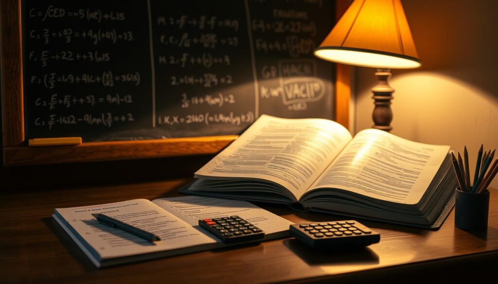A cozy study nook, dimly lit by a warm desk lamp, with an open GED prep workbook, pencils, and a calculator neatly arranged on a wooden table. In the background, a chalkboard displays formulas and practice questions, hinting at the academic focus. The atmosphere is one of quiet concentration, reflecting the determined spirit of a student preparing for the GED exam.