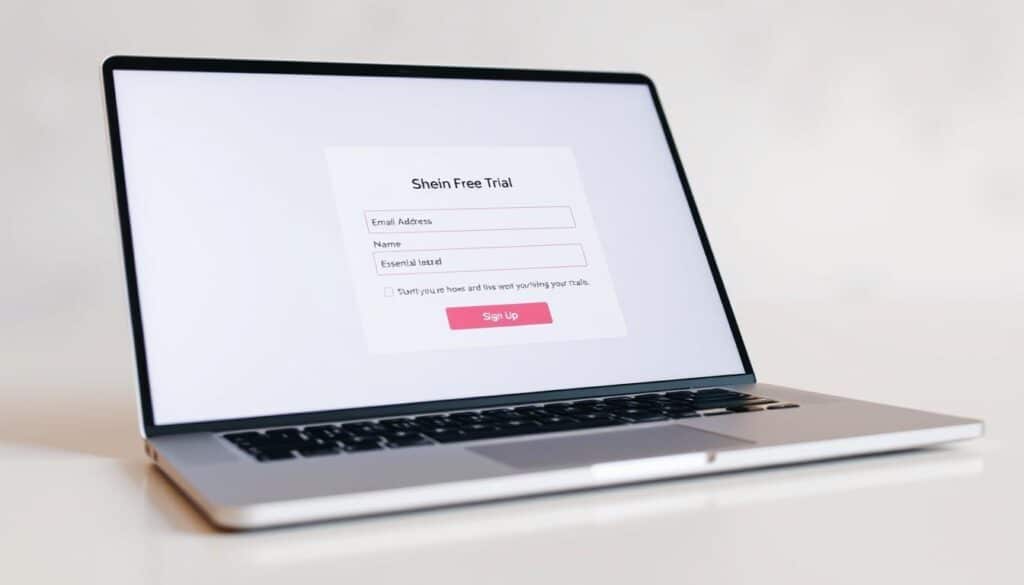 A crisp, well-lit image of a simple, minimalist registration form for the Shein free trial, displayed on a sleek, contemporary laptop or tablet screen. The form should have clean, elegant fields for entering an email address, name, and other essential details, with a prominent "Sign Up" button inviting the viewer to start their Shein journey. The background should be a soft, neutral tone that allows the form to stand out, creating a sense of focus and clarity. The overall scene should convey a sense of ease and accessibility, reflecting the simplicity of the Shein free trial sign-up process.