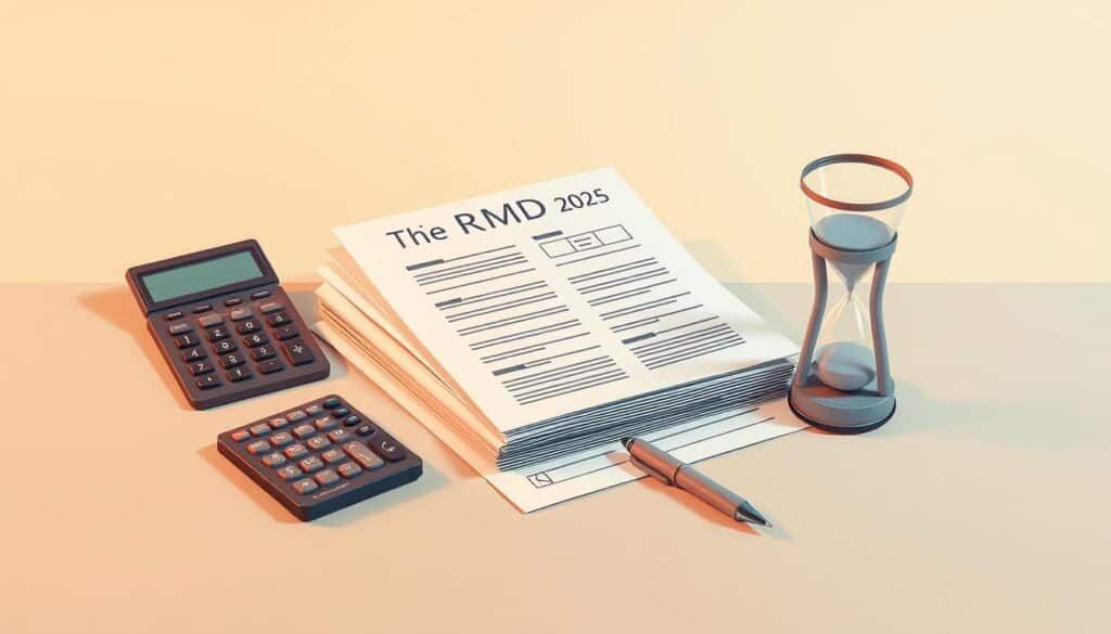 A detailed illustration of "RMD rules 2025" in a clean, minimalist style. The composition features a central focus on a stack of financial documents, accompanied by a calculator, a pen, and an hourglass - symbolic of the time-sensitive nature of retirement planning. The background is a soft, muted gradient, creating a sense of depth and focus on the key elements. The lighting is warm and directional, casting subtle shadows to add depth and dimension. The overall mood is one of thoughtful contemplation, with a touch of professionalism and authority befitting the subject matter.