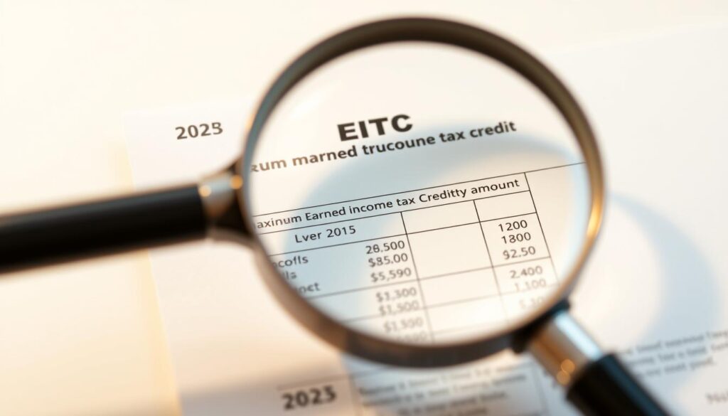 A detailed illustration of the maximum Earned Income Tax Credit (EITC) amount for the year 2025. The composition features a magnifying glass hovering over a crisp, clean document displaying the key EITC details in a clear, easy-to-read format. The document is set against a soft, neutral background, allowing the information to take center stage. The lighting is warm and natural, casting a gentle glow on the scene. The perspective is slightly elevated, giving the viewer a sense of authority and focus on the subject matter. The overall mood is one of clarity, professionalism, and financial guidance.