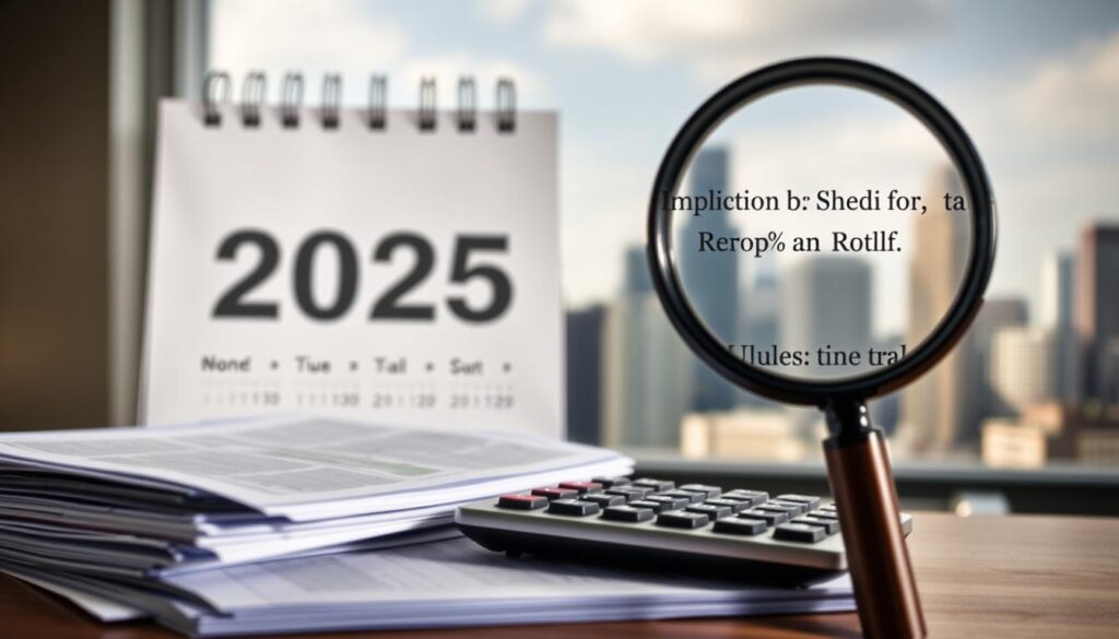 A detailed illustration of the tax implications for a Roth IRA in 2025. The foreground depicts a stack of financial documents and a calculator against a backdrop of a calendar page displaying the year 2025. The middle ground features a magnifying glass highlighting specific text related to Roth IRA tax rules. The background showcases a blurred cityscape with skyscrapers, hinting at the broader financial landscape. The lighting is soft and natural, creating a contemplative mood. The image is composed with a focus on clarity and simplicity, allowing the key information to stand out prominently.