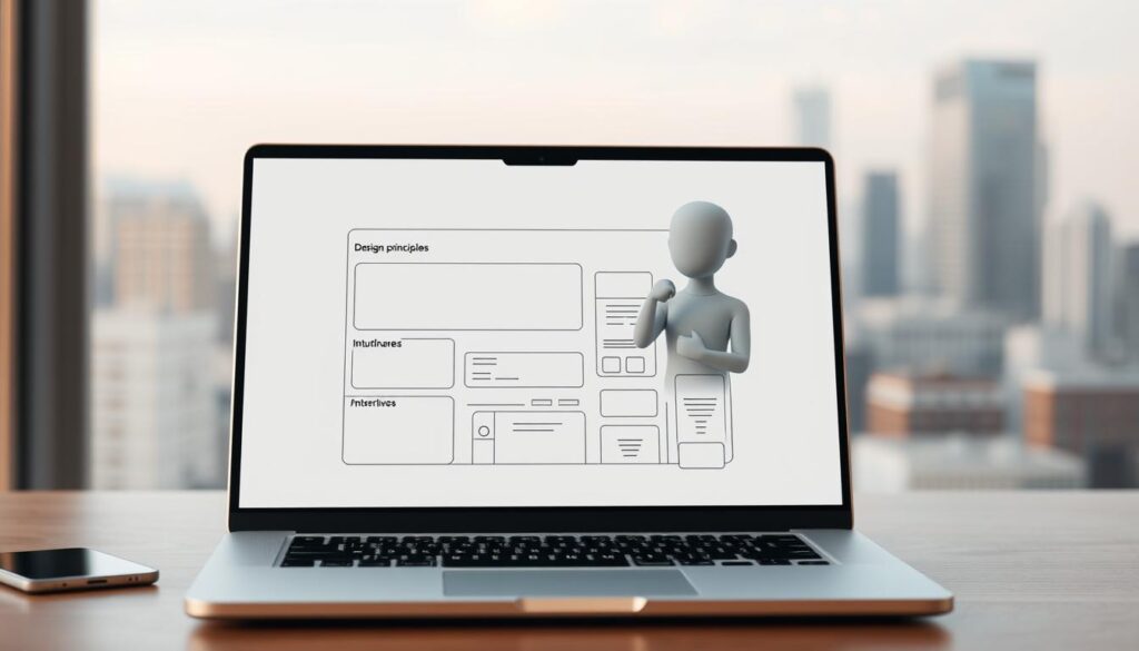A digital workspace with a clean, minimalist design. In the foreground, a laptop screen displays a simple wireframe layout with intuitive user interface elements. Behind it, a stylized 3D model of a human figure, representing the beginner UX designer, contemplates design principles with a thoughtful expression. The background features a blurred city skyline, conveying the urban, career-oriented setting. The overall scene is bathed in a soft, warm lighting that creates a serene, introspective atmosphere, guiding the viewer towards the fundamentals of UX design.