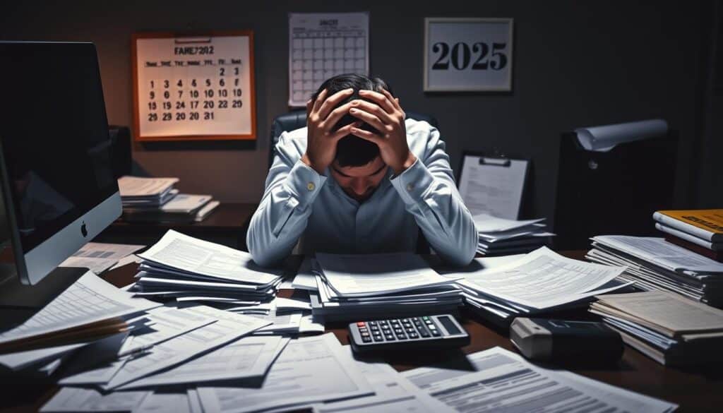 A dimly lit office setting, with a desk and computer in the foreground. On the desk, various tax documents and forms are scattered, representing the common mistakes and complexities of the EITC and Child Tax Credit. The middle ground features a frustrated taxpayer, hands on their head, surrounded by a stack of papers and a calculator. In the background, a calendar shows the year 2025, hinting at the challenges of the upcoming tax season. The lighting is harsh, casting shadows that emphasize the sense of confusion and frustration. The overall atmosphere conveys the stress and difficulties associated with navigating the EITC and Child Tax Credit process.