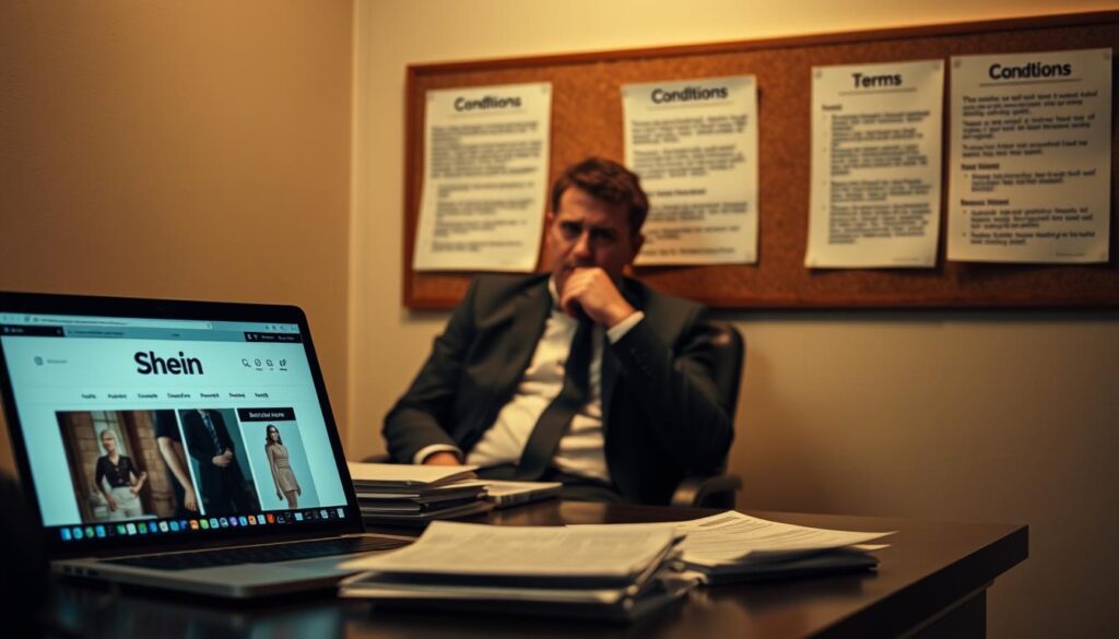 A dimly lit office space, with a desk in the foreground showcasing a laptop displaying the Shein website and a stack of paperwork. In the middle ground, a person in a suit sits contemplatively, their expression conveying concern. The background features a wall with a corkboard displaying printed terms and conditions, alluding to the limitations of the Shein free trial program. Soft, warm lighting casts a pensive mood, highlighting the complexities and challenges surrounding the free trial offer.