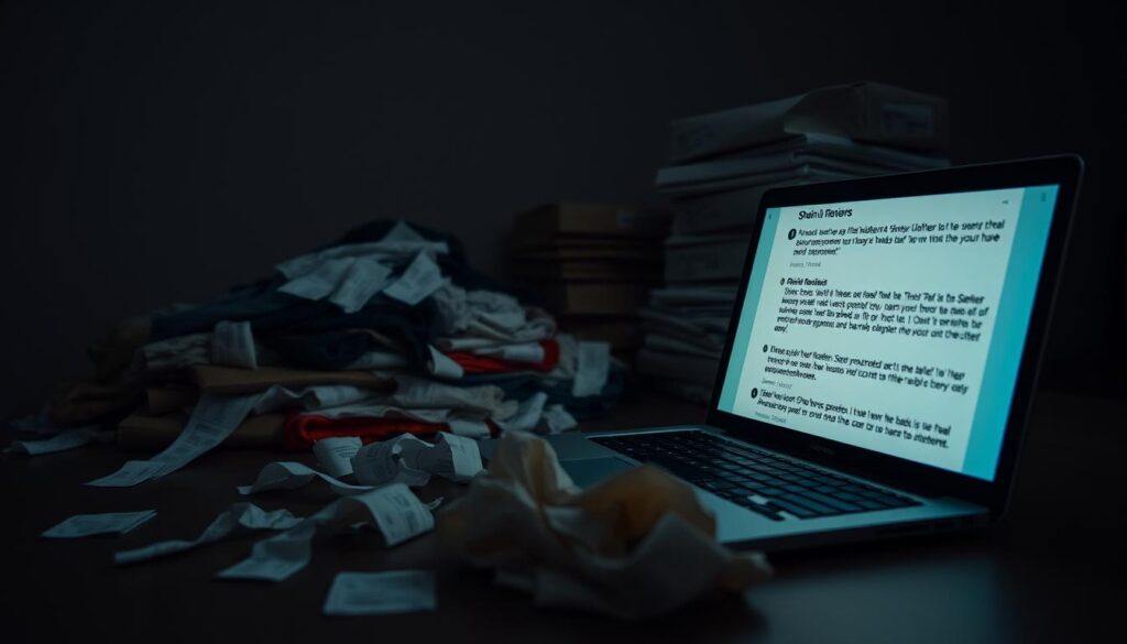 A dimly lit room, a pile of unworn Shein clothes sits untouched, surrounded by crumpled receipts and a frustrated expression. In the foreground, a laptop displays negative customer reviews, highlighting the hidden costs and disappointments of the "free" trial program. The middle ground features a stack of unopened packages, a metaphor for the hidden expenses and hassle of the service. The background casts a somber, gloomy atmosphere, conveying the sense of regret and disillusionment associated with the Shein free trial experience. Soft, moody lighting and a slightly off-kilter camera angle create a sense of unease, reinforcing the negative aspects of the promotion.