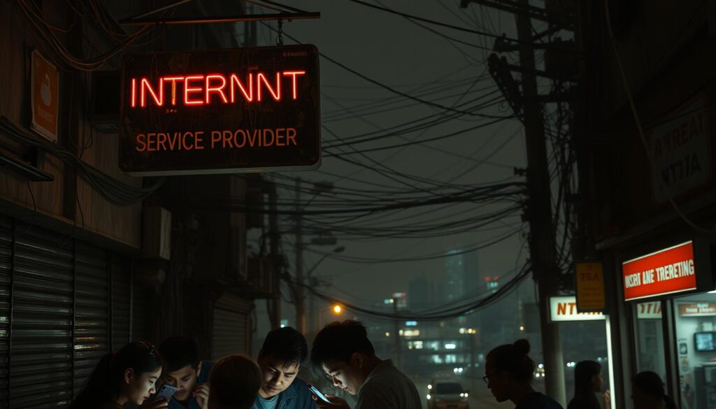 A dimly lit urban street scene, with a dilapidated internet service provider sign hanging precariously, its neon lights flickering and fading. In the foreground, a group of people huddle around a smartphone, their faces illuminated by its glow, expressions of frustration and disappointment as they struggle to maintain a reliable connection. The middle ground reveals a maze of tangled cables and outdated infrastructure, a testament to the challenges of delivering affordable and accessible internet to all. In the background, a hazy cityscape looms, a reminder of the vast digital divide that persists, even in the age of technological advancement.