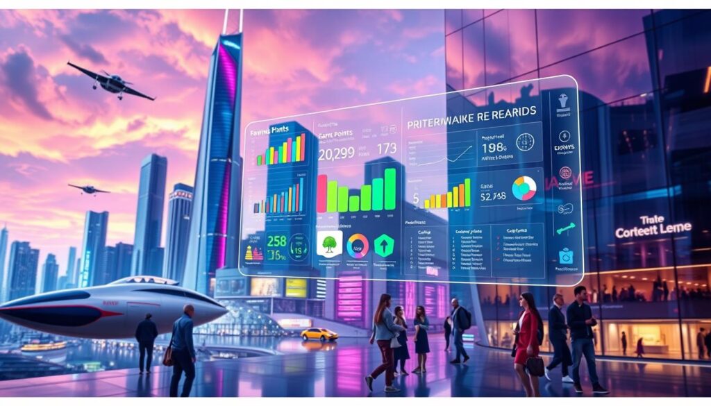 A futuristic cityscape against a vibrant, neon-lit sky, where towering skyscrapers and sleek hovercrafts converge. In the foreground, a transparent holographic display showcases a dynamic rewards program interface, with colorful graphs, charts, and icons floating effortlessly in the air. Reflected in the glass facade of the buildings, a diverse array of consumers interact with the program, earning points, redeeming rewards, and exploring the myriad of personalized options available. The scene conveys a sense of technological advancement, seamless integration, and the evolution of modern consumer loyalty programs.