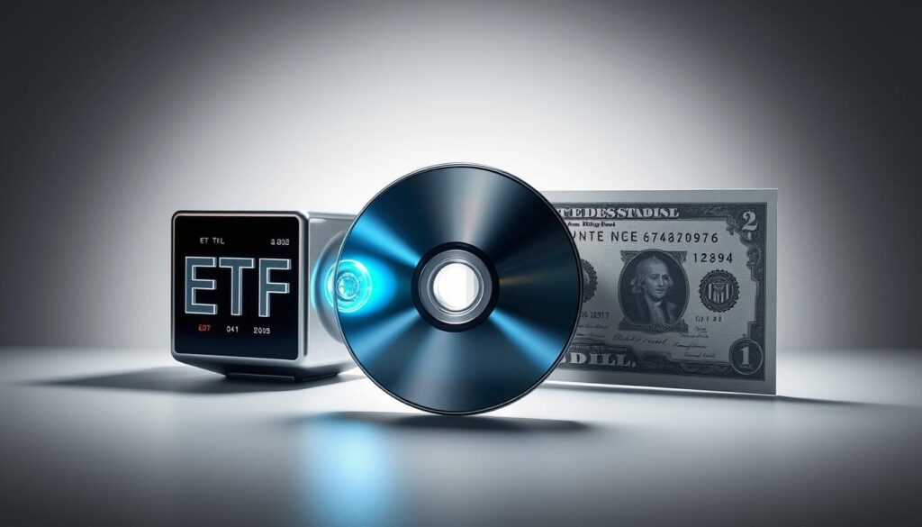 A high-contrast, hyper-realistic image of three distinct financial instruments - an ETF, a CD, and a T-Bill - arranged in a visually striking composition. The ETF is depicted as a sleek, metallic cube with a holographic display showcasing performance data. The CD appears as a polished, transparent cylinder with an internal LED light source. The T-Bill is rendered as a crisp, paper-like rectangle with intricate watermarks. The items are set against a minimalist, monochromatic background with subtle gradients, emphasizing the contrasting textures and forms. Dramatic lighting from multiple angles casts sharp shadows, creating a sense of depth and dimensionality. The overall aesthetic conveys a clean, high-tech, and authoritative vibe suitable for a financial analysis.