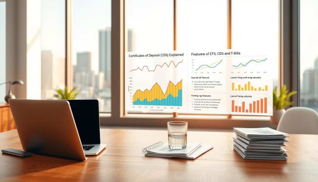 A high-resolution 3D render of a modern office workspace with a clean, minimalist aesthetic. In the foreground, a wooden desk holds a laptop, a glass of water, and a stack of financial documents, representing the "Certificates of Deposit (CDs) Explained" section. In the middle ground, colorful graphs and charts depict the comparative performance and features of ETFs, CDs, and T-Bills, providing a visual analysis. The background features floor-to-ceiling windows overlooking a cityscape, bathed in warm, natural lighting to convey a sense of professionalism and financial stability.
