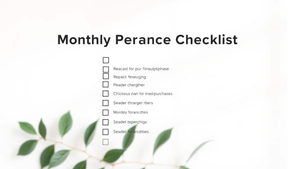 A minimalist, neatly organized monthly personal finance checklist, centered against a bright, airy background with soft, natural lighting. The checklist items are presented in a clean, sans-serif font, with strategic use of checkboxes, icons, and subtle color-coding to denote different financial categories. The overall mood is one of productivity, clarity, and a sense of being in control of one's financial affairs. The composition places emphasis on the "Plan for Major Purchases" section, with a balanced and visually appealing layout that draws the viewer's eye to this key area.