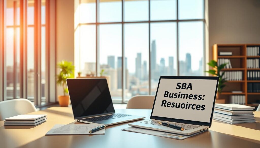 A modern, clean-lined office with floor-to-ceiling windows, bathed in warm natural light. In the foreground, a well-organized desk with a laptop, a stack of documents, and a pen resting atop, all arranged in a visually pleasing manner. On the desk, an open laptop displaying a business plan template, conveying the concept of SBA business plan funding. The middle ground features a bookshelf with relevant business resources, while the background showcases a city skyline, suggesting the urban entrepreneurial setting. The overall atmosphere is one of professionalism, productivity, and a sense of possibility, capturing the essence of the "SBA Business Plan Resources" section.