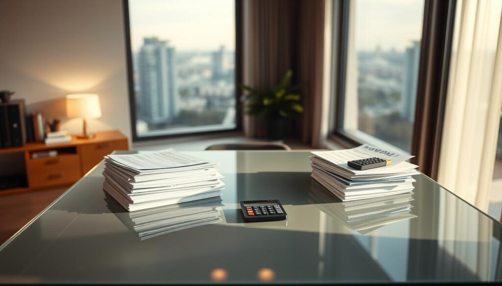 A modern, minimalist home office with a sleek glass-topped desk. On the desk, two separate piles of budgeting documents, ledgers, and calculators, each neatly arranged. Soft, warm overhead lighting illuminates the scene, casting gentle shadows. In the background, a large window overlooks a tranquil urban landscape. The atmosphere conveys a sense of organization, focus, and financial independence. Realistic, detailed, cinematic.