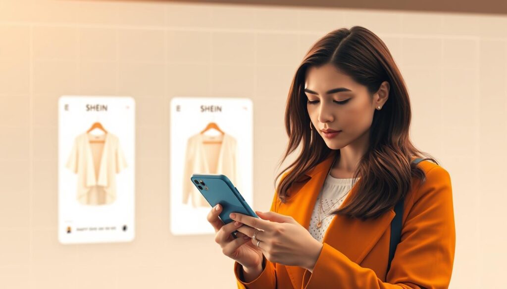 A modern, minimalist illustration of the Shein free trial experience. In the foreground, a stylish woman examines a fashion item on her phone, her expression contemplative. The middle ground features clean, white product shots showcasing Shein's clothing range. In the background, a subtle grid pattern evokes the digital interface of the Shein app, hinting at the effortless online shopping journey. Warm, soft lighting bathes the scene, creating an inviting, aspirational atmosphere. Captured with a crisp, high-resolution lens for maximum visual impact.