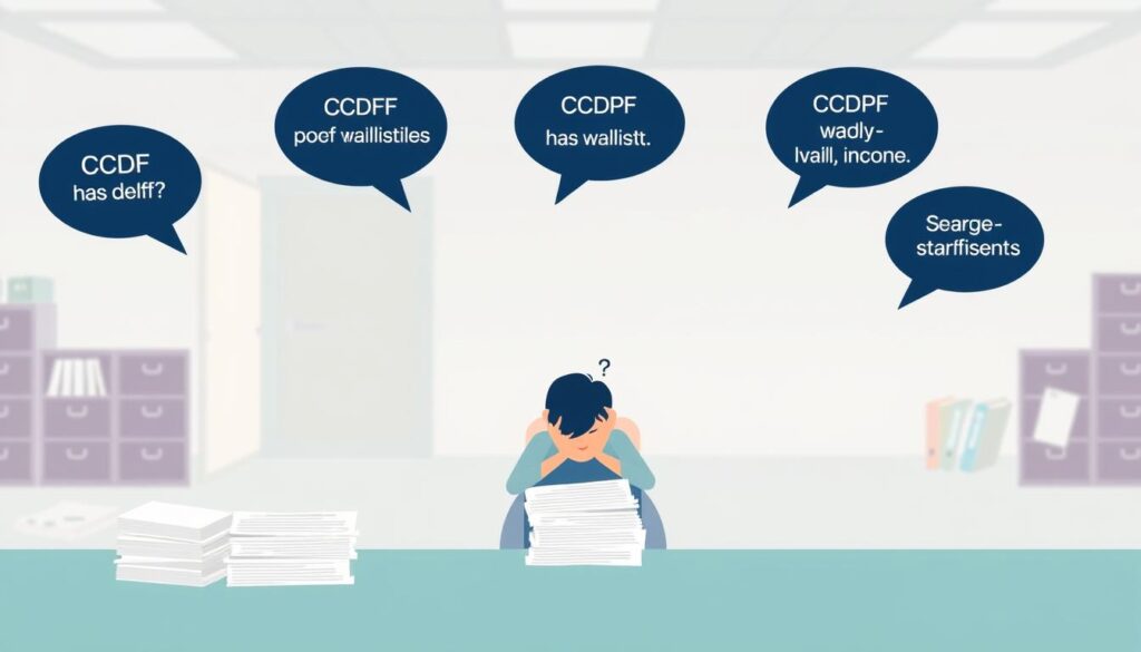 A modern, minimalistic illustration depicting various misconceptions about the CCDF child care assistance program. In the foreground, a person sits at a desk, puzzled by a stack of documents. In the middle ground, a series of speech bubbles hover, each containing a common misunderstanding, such as "CCDF is only for low-income families" or "CCDF has long waitlists." The background features a softly blurred backdrop of a government office, with subtle hints of bureaucratic paperwork and filing cabinets. The overall mood is one of clarity and understanding, conveyed through a clean, geometric design aesthetic and muted, pastel color palette.