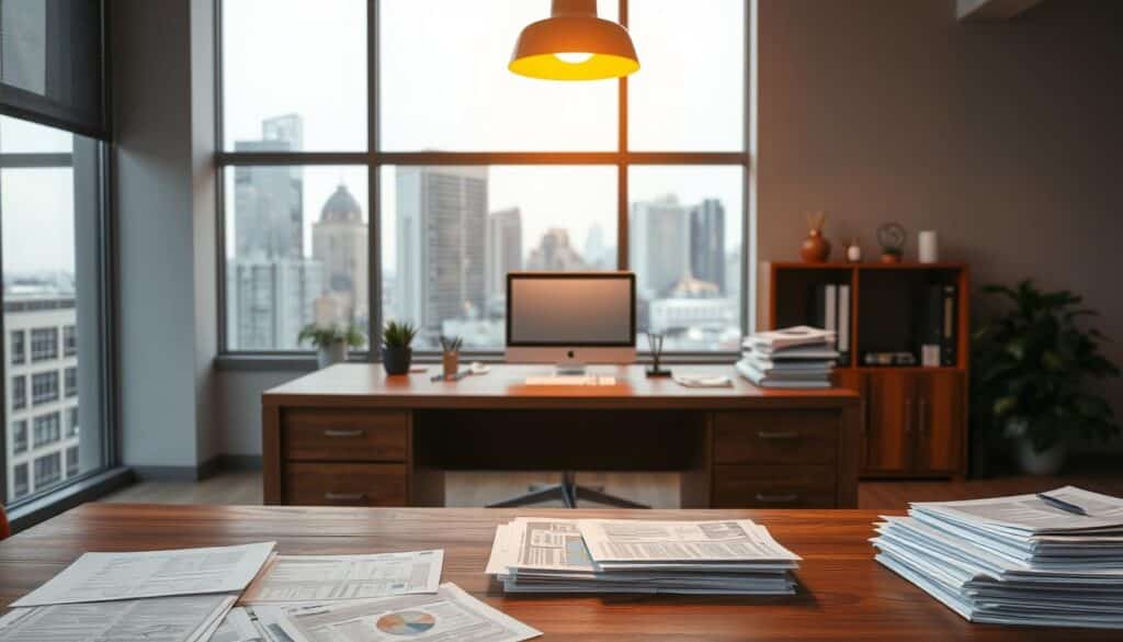 A modern office interior with a large wooden desk, a computer monitor, and stacks of paperwork. The desk is illuminated by a warm, overhead spotlight, casting a cozy glow on the scene. In the background, a window overlooking a cityscape provides a view of the outside world. The overall atmosphere is one of focused productivity, as if an individual is navigating the complexities of the SSDI application process. The image conveys a sense of professionalism and attention to detail, reflecting the importance of the task at hand.
