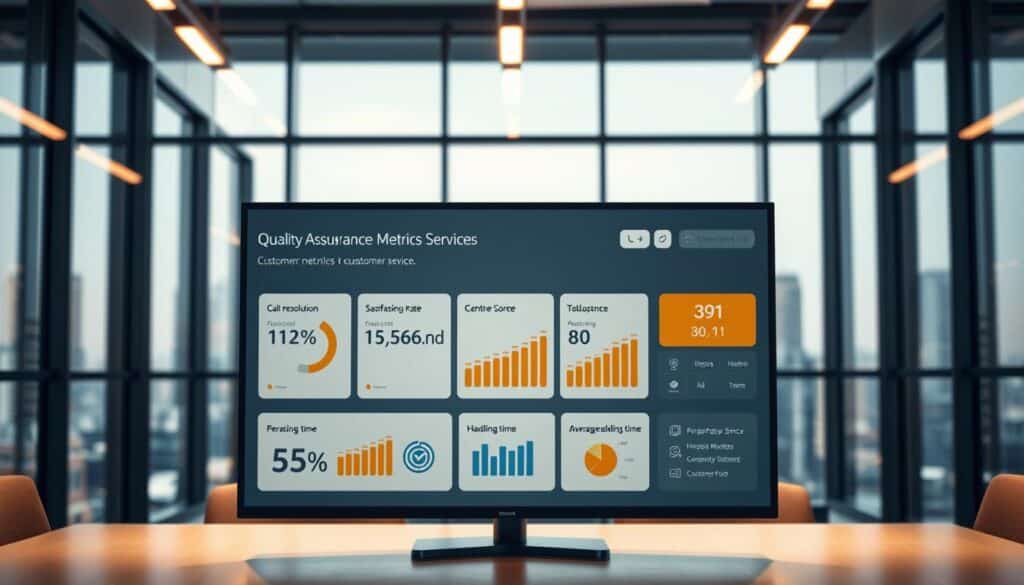A modern, sleek office setting with a large monitor displaying quality assurance metrics for customer service. In the foreground, a minimalist dashboard showcases key performance indicators such as first call resolution rate, customer satisfaction score, and average handling time. The middle ground features stylized icons and infographic elements, conveying the data in a visually compelling manner. The background has a blurred cityscape visible through floor-to-ceiling windows, creating a sense of professionalism and productivity. Warm, directional lighting from above casts a subtle glow, accentuating the streamlined, data-driven interface. The overall atmosphere is one of efficiency, transparency, and a relentless focus on customer service excellence.