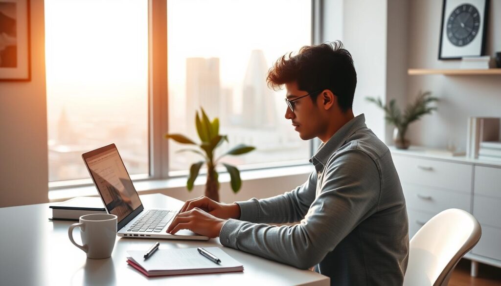A modern, well-lit home office with a laptop, notepad, and a cup of coffee on a clean, organized desk. In the background, a large window overlooks a cityscape, bathed in soft, warm natural light. The walls are adorned with minimalist decor, creating a calming, focused atmosphere. A student sits at the desk, intently engaged with the laptop screen, exploring online GED class materials with a look of determination. The composition emphasizes the sense of focus, productivity, and the advantages of remote, self-paced learning.