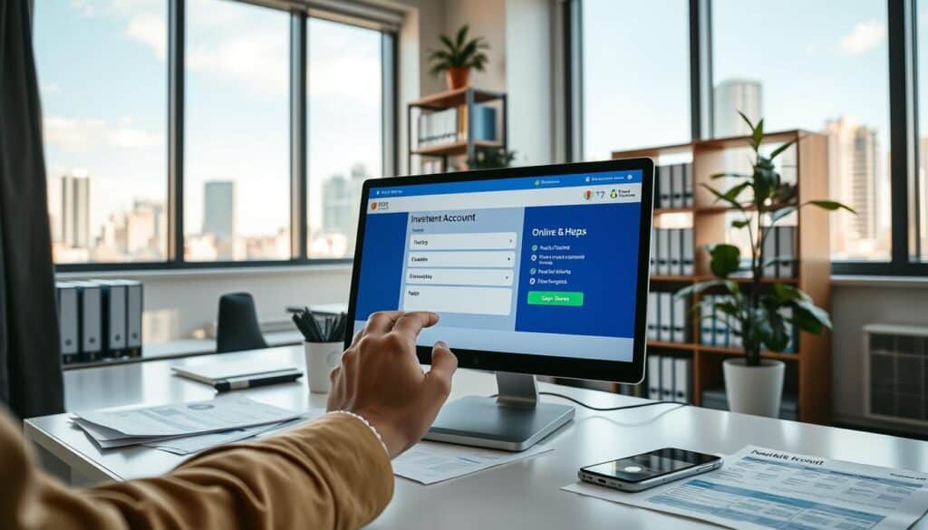A modern, well-lit office interior with a desktop computer, a smartphone, and financial documents on the desk. In the foreground, a person's hands are shown opening an online investment account on the computer screen, with clear steps and UI elements visible. The middle ground features a bookshelf with finance-related books and a potted plant, creating a professional and organized atmosphere. The background showcases large windows, letting in natural light and providing a view of a cityscape outside, conveying a sense of opportunity and growth. The overall scene should feel informative, approachable, and visually engaging, capturing the essence of how to open an investment account.