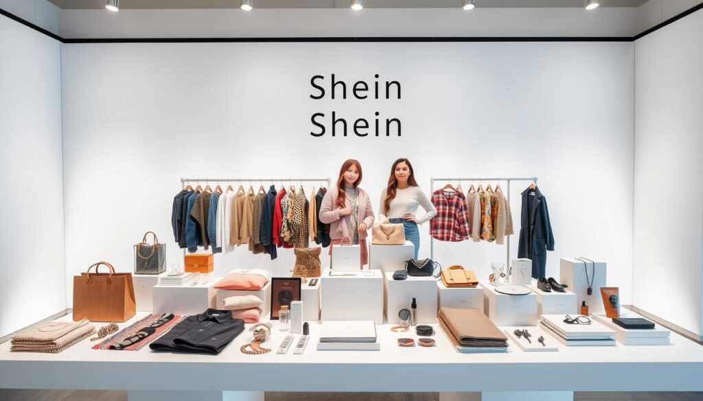 A modern, well-lit product display showcasing various Shein trial center items on a sleek white table. The foreground features an array of neatly arranged apparel, accessories, and lifestyle products. The middle ground captures models posing confidently while interacting with the trial items. The background has a clean, minimalist aesthetic with soft lighting and a subtle gradient backdrop, creating a professional and aspirational atmosphere. The overall composition highlights the diverse range of Shein trial center offerings and the opportunity to experience them firsthand.