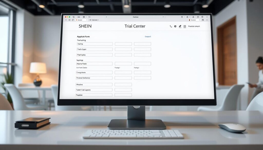 A neatly organized SHEIN Trial Center application form appears on a clean, well-lit desktop. The form is displayed with a soft, natural lighting, capturing the details of the various fields and sections. The layout is structured and inviting, with clear labels and intuitive navigation. In the background, a modern office setting with minimalist decor sets the professional tone. The overall atmosphere conveys a sense of efficiency and ease, reflecting the seamless application process for the SHEIN Trial Center.