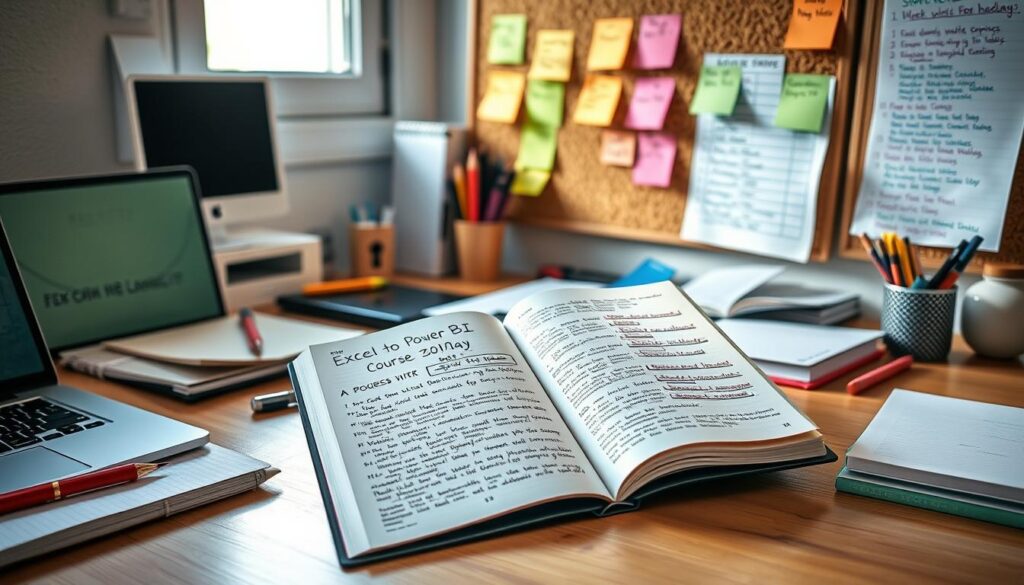 A neatly organized desk with a laptop, notebook, and various office supplies, illuminated by warm natural lighting streaming through a window. In the center, a textbook-style book titled "Excel to Power BI Free Course 30 Day" sits open, with handwritten notes and progress trackers filling the pages. The background features a cork board with colorful sticky notes and task checklists, creating a sense of structure and intentionality. The overall scene conveys a productive, focused environment where the learner is actively engaged in their self-directed data skills development journey.