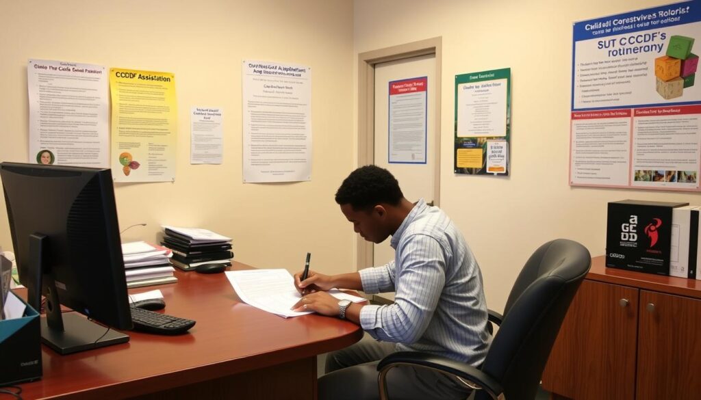 A neatly organized office space with a desk, chair, and computer. A person is sitting at the desk, carefully filling out a CCDF assistance application form. The lighting is soft and warm, creating a welcoming atmosphere. The walls are adorned with informative posters and brochures about the CCDF program, providing helpful guidance. The overall scene conveys a sense of professionalism and diligence, reflecting the importance of the CCDF application process.