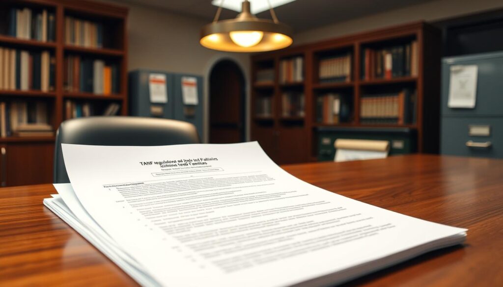 A professional office environment with a government-issued document on a wooden desk, illuminated by warm overhead lighting. The document features detailed regulations and policies for the TANF (Temporary Assistance for Needy Families) program, conveying a sense of official authority and bureaucracy. The desk is placed against a backdrop of bookshelves and filing cabinets, suggesting a well-organized and structured workspace. The overall scene evokes a mood of seriousness and attention to detail, reflecting the importance and complexity of the TANF program's regulations.