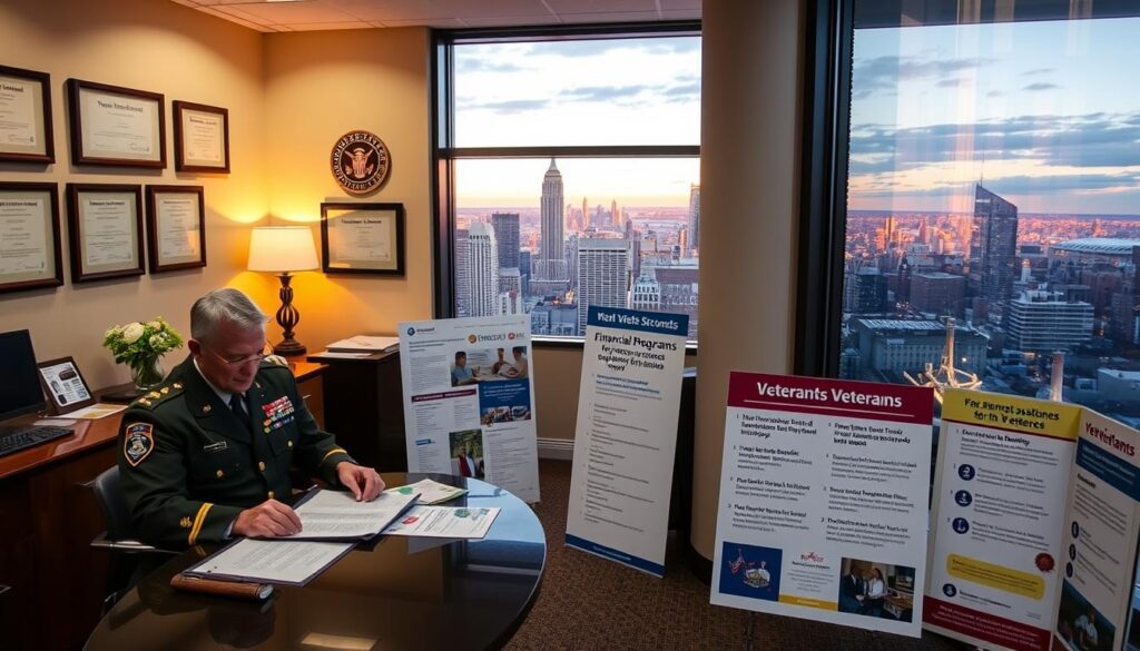 A serene office interior with warm lighting and a clean, professional atmosphere. In the foreground, a uniformed veteran sits at a desk, reviewing paperwork and speaking with a government official in a suit. On the walls, framed certificates and military insignia, conveying a sense of honor and service. The middle ground features informational displays and brochures highlighting various financial assistance programs for veterans, including education benefits, healthcare, and disability support. The background showcases a panoramic view of a vibrant city skyline, symbolizing the community's commitment to supporting those who have served. The overall scene communicates a message of care, empowerment, and gratitude for the sacrifices made by veterans.