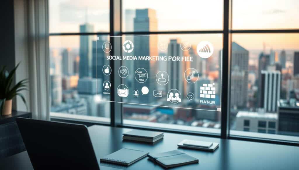 A serene office setting with a large window overlooking a bustling city skyline. In the foreground, a desk with a laptop, notebook, and various digital marketing icons. Floating above the desk, a glowing holographic interface showcases key social media marketing concepts and strategies. The lighting is soft and warm, creating a focused yet inviting atmosphere. The overall scene conveys the importance of social media marketing in the digital age, while also highlighting the accessible and empowering nature of learning these skills for free.
