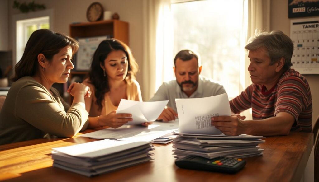A serene, sun-dappled scene of a family gathered around a kitchen table, poring over paperwork and facing a looming deadline. Soft, warm lighting illuminates their concerned expressions as they navigate the complexities of time-limited TANF benefits. In the foreground, a stack of documents and a calculator symbolize the administrative hurdles they must overcome. In the background, a calendar on the wall serves as a stark reminder of the ticking clock. The overall mood is one of contemplation and determination, as they work together to ensure their financial security during this uncertain period.