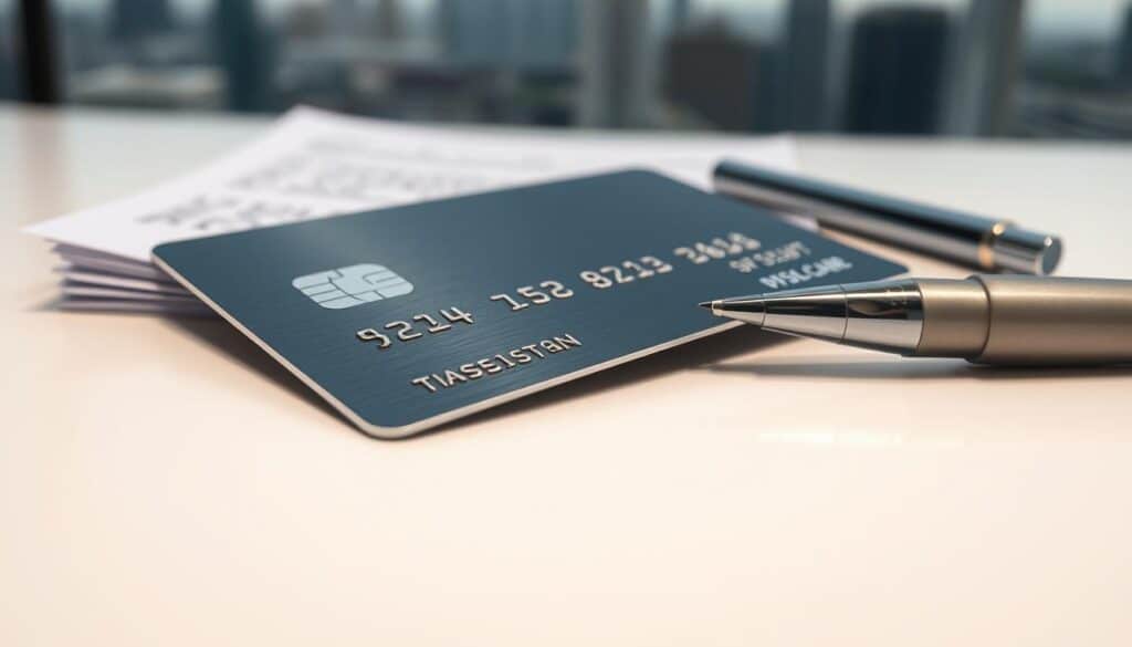 A sleek, metallic credit card lying on a crisp, white surface, partially obscured by a stack of legal documents and a pen. The card's surface reflects a muted, professional lighting, drawing the eye to the intricate details of its design. In the background, a blurred cityscape symbolizes the broader financial landscape. The overall mood conveys a sense of authority, responsibility, and the importance of understanding the legal implications of credit card welcome bonuses in the year 2025.