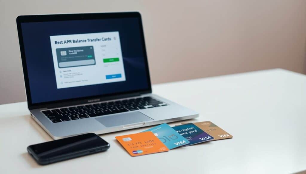 A sleek, minimalist desktop scene with a laptop, smartphone, and several credit cards neatly arranged. The laptop displays an application for a 0% APR balance transfer card, while the smartphone shows a budgeting app. The cards are positioned to create a sense of balance and organization, reflecting the "best balance transfer cards" theme. Soft, natural lighting illuminates the scene, creating a calm, professional atmosphere. The background is a simple, uncluttered office setting, emphasizing the focus on financial management and debt reduction.