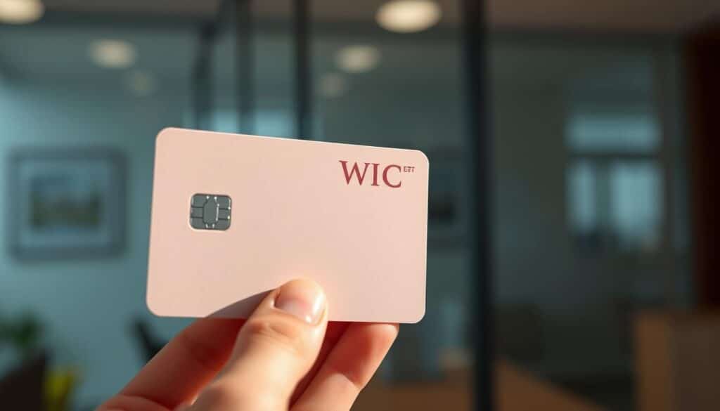 A sleek, modern image of a WIC EBT card held in the foreground, the card's design features a clean, minimalist aesthetic with a soft, muted color palette. The card is captured at a slight angle, highlighting the textured surface and subtle embossed details. The background is slightly blurred, suggesting a professional office or administrative setting, creating a sense of authority and legitimacy. The lighting is soft and directional, casting gentle shadows that accentuate the card's form and materiality. The overall mood is one of professionalism, efficiency, and the reliable, secure nature of the WIC EBT card system.