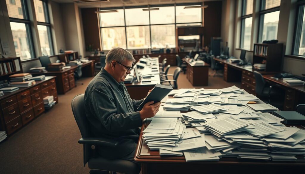 A sprawling bureaucratic landscape, paperwork cascading across a sturdy mahogany desk. In the foreground, a veteran sits pensively, deep in contemplation, folder clutched in hand. Soft natural lighting filters through large windows, casting a warm glow over the scene. Subtly in the background, rows of filing cabinets and computer terminals hint at the complex administrative machinery of the VA claims process. An atmosphere of quiet determination and patient perseverance pervades the frame, reflecting the challenges and resilience of those navigating this critical system.