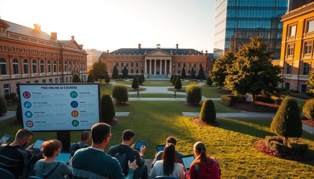 A striking aerial view of a prestigious university campus, its stately buildings and manicured grounds bathed in warm, golden light. In the foreground, a group of students intently poring over tablets and laptops, immersed in an engaging AI lecture. The middle ground features a board displaying the titles of free online AI courses, their logos and icons catching the eye. In the distance, a towering modern library, its glass facade reflecting the vibrant energy of the scene. The atmosphere is one of intellectual curiosity, technological innovation, and a sense of opportunity for the next generation of AI pioneers.