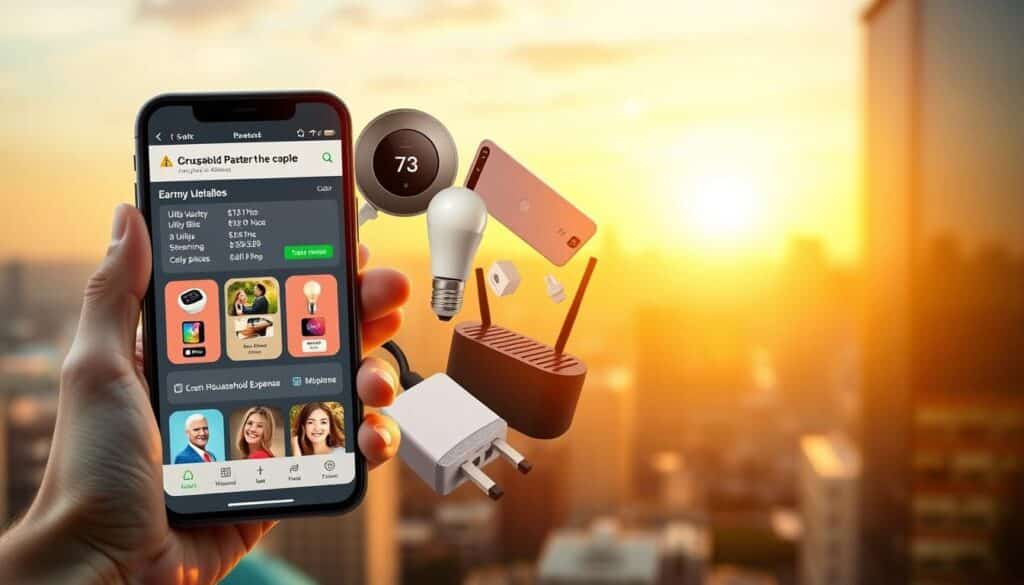 A vibrant and dynamic scene depicting the concept of "earning rewards on household expenses". In the foreground, a person's hand holds a smartphone with a cashback app open, showcasing various household expenses like utility bills, streaming services, and a cell phone. The middle ground features a collage of household items such as light bulbs, a thermostat, a router, and a phone charger, all representing the different types of expenses that can be optimized for cashback rewards. The background is a warm, blurred cityscape, suggesting the modern, urban setting where these financial strategies can be leveraged. The lighting is soft and natural, creating a welcoming and aspirational atmosphere. The overall composition and color palette convey a sense of financial empowerment and the ability to maximize one's household budget.