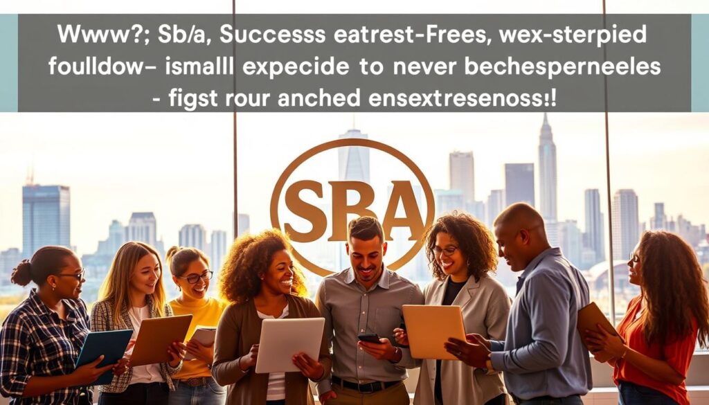 A vibrant and dynamic scene showcasing the success stories of entrepreneurs who have leveraged SBA resources. In the foreground, a group of diverse individuals enthusiastically discussing their business plans, with laptops and notepads in hand, illuminated by warm, natural lighting. In the middle ground, a large SBA logo stands prominently, representing the government agency's support for small businesses. The background features a cityscape of modern skyscrapers, symbolizing the thriving entrepreneurial ecosystem in the USA. The overall atmosphere conveys a sense of optimism, collaboration, and the boundless potential of SBA-funded entrepreneurship.