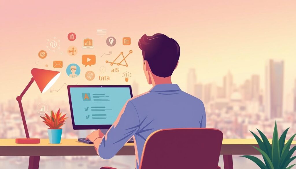 A vibrant and informative illustration depicting the process of choosing an AI course. In the foreground, a person sits at a desk, carefully reviewing course options on a laptop screen. The middle ground showcases various AI-related icons and symbols, representing the diverse field of study. The background features a soft, blurred cityscape, symbolizing the vast opportunities available in the AI and machine learning landscape. The lighting is warm and inviting, creating a sense of focus and concentration. The overall composition guides the viewer's eye through the decision-making process, inspiring confidence in finding the right AI course.