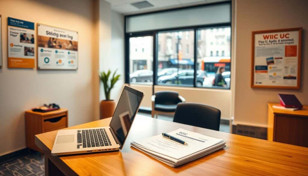 A warm, welcoming office interior with a clean, modern design. On the desk, a laptop, a stack of forms, and a pen, all bathed in soft, diffused lighting. In the background, a bulletin board with informational flyers and a window overlooking a bustling city street. The overall atmosphere conveys a sense of helpful guidance and accessible information for individuals seeking to navigate the WIC application process.