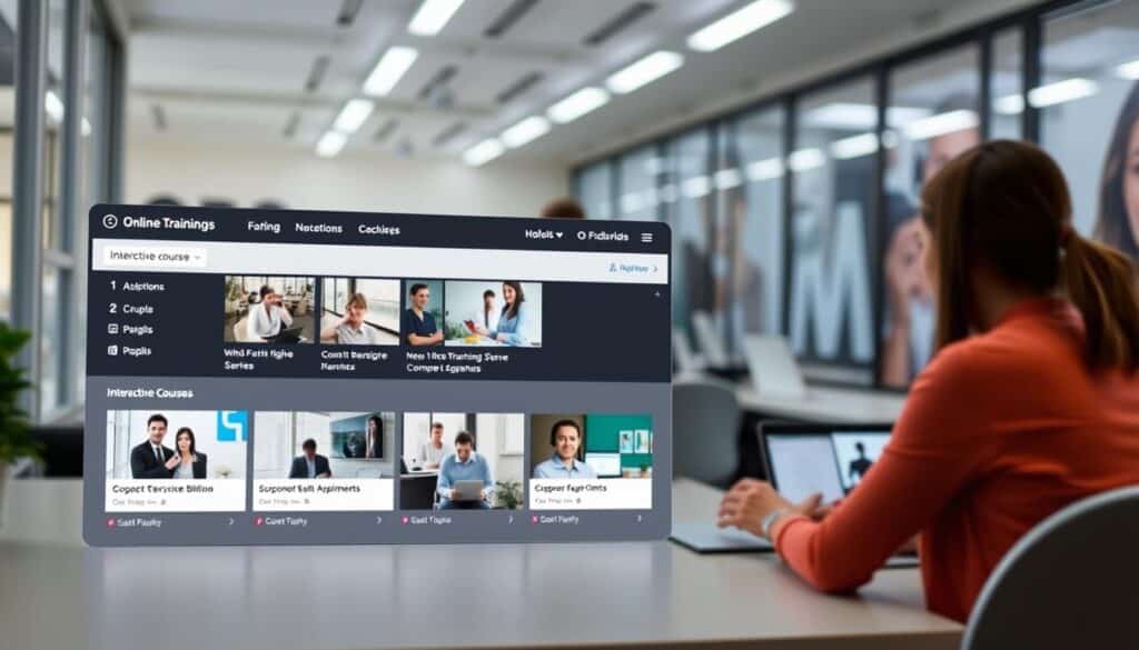 A well-lit and visually engaging online training module interface, featuring a clean, intuitive dashboard with streamlined navigation menus. The foreground showcases a selection of interactive course thumbnails, each with a distinct visual style and content preview. The middle ground depicts a smooth, uncluttered user experience, with subtle animations and hover effects to guide the learner. The background subtly blends professional stock imagery, such as customer service representatives and call center settings, conveying the practical, real-world application of the training material. The overall mood is one of productivity, accessibility, and a commitment to providing high-quality, self-paced customer service education.
