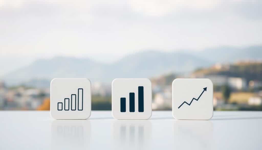 A well-lit, clean-looking desktop scene with three simplified index fund icons arranged in the foreground. The icons should be modern and minimalist, representing the key characteristics of beginner-friendly index funds: diversification, low fees, and long-term growth. The middle ground features a subtle graph or chart showing the consistent performance of index funds over time. The background has a soft, blurred landscape of rolling hills or a cityscape, conveying a sense of stability and financial security. The overall mood is calm, professional, and approachable, inviting the viewer to consider index funds as a accessible investment option.