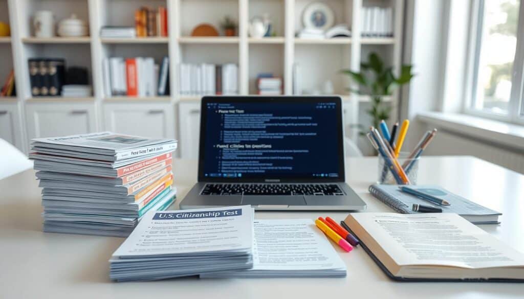 A well-lit, high-resolution image of a neatly organized table with a variety of educational materials related to US citizenship test preparation. In the foreground, a stack of practice test booklets, flashcards, and a textbook on US civics and history. In the middle ground, a laptop or tablet displaying sample test questions, surrounded by pens, highlighters, and a notebook. The background features a minimalist, clean office setting with shelves of books and a window providing natural lighting. The overall mood is one of focused study and diligent preparation for the US citizenship test.
